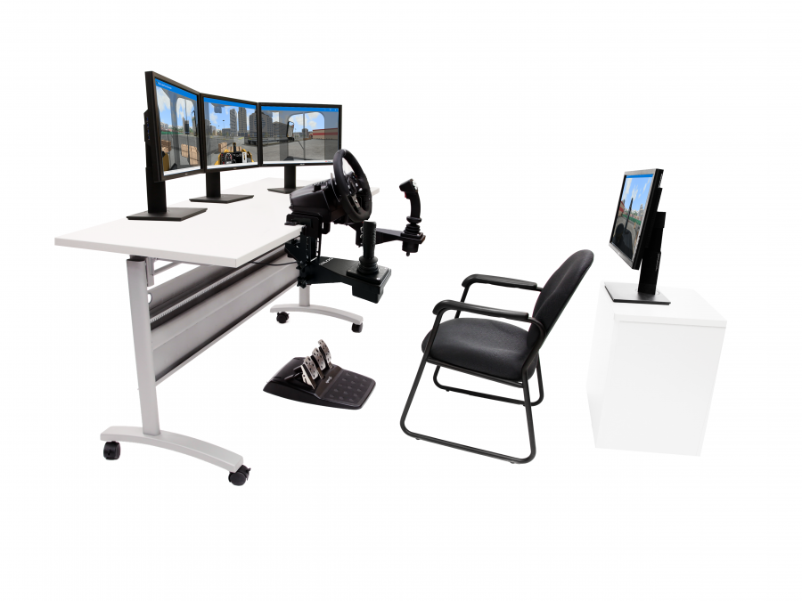 Simlog Wheel Loader Simulator – 4 Display Tabletop Setup with Rear View Four-display Wheel Loader simulation with rear view for enhanced realism