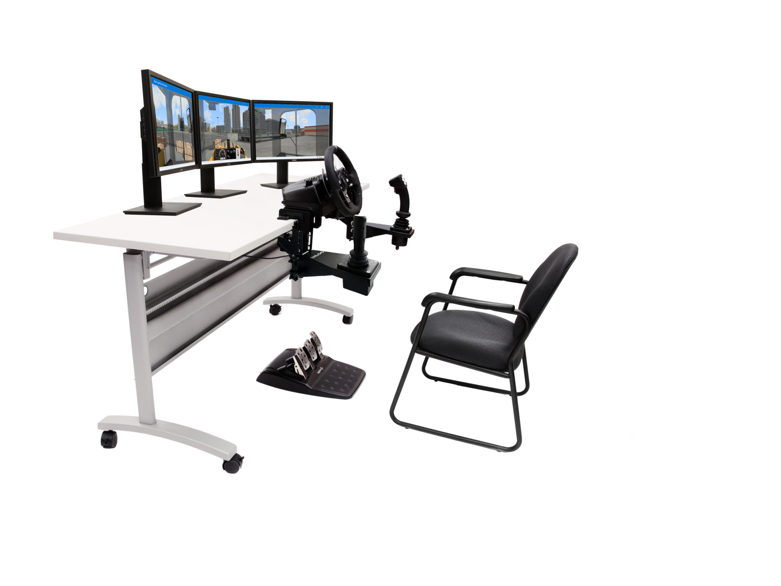 Simlog Wheel Loader Simulator – 3 Display Tabletop Setup Three-screen panoramic setup with tabletop Replica Controls for immersive training