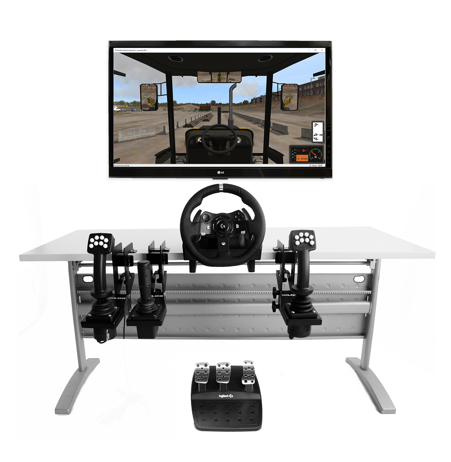 Simlog Backhoe Loader Simulator with single front display Compact simulator setup with one display for tight training spaces
