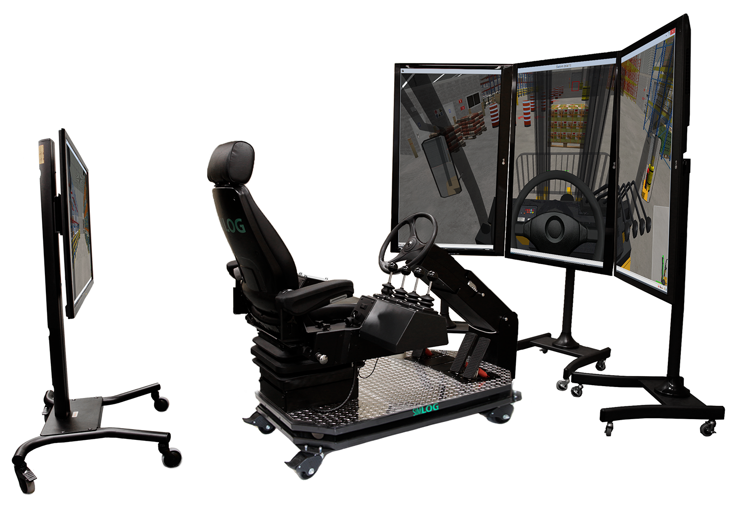 Forklift Personal Simulator - Operator Chair - 4 Displays - Portrait Mode Simlog FLT controls replicating standard warehouse forklift functions