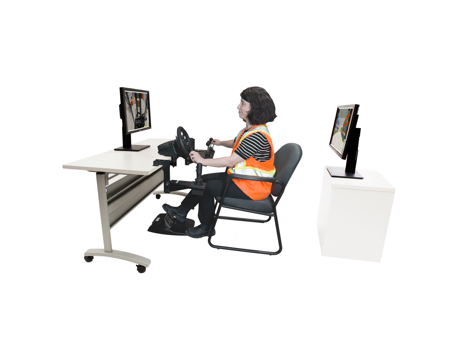 Forklift Personal Simulator - Replica Controls - Front and Rear Displays Forklift simulator teaching safe warehouse driving practices