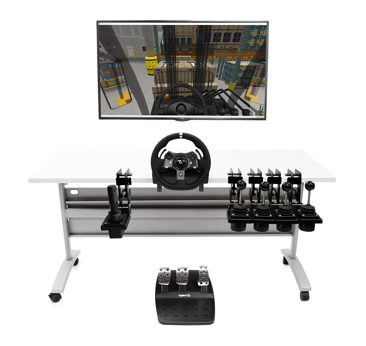 Forklift Personal Simulator - Replica Controls - 1 Display Forklift simulation replicating warehouse loading scenario