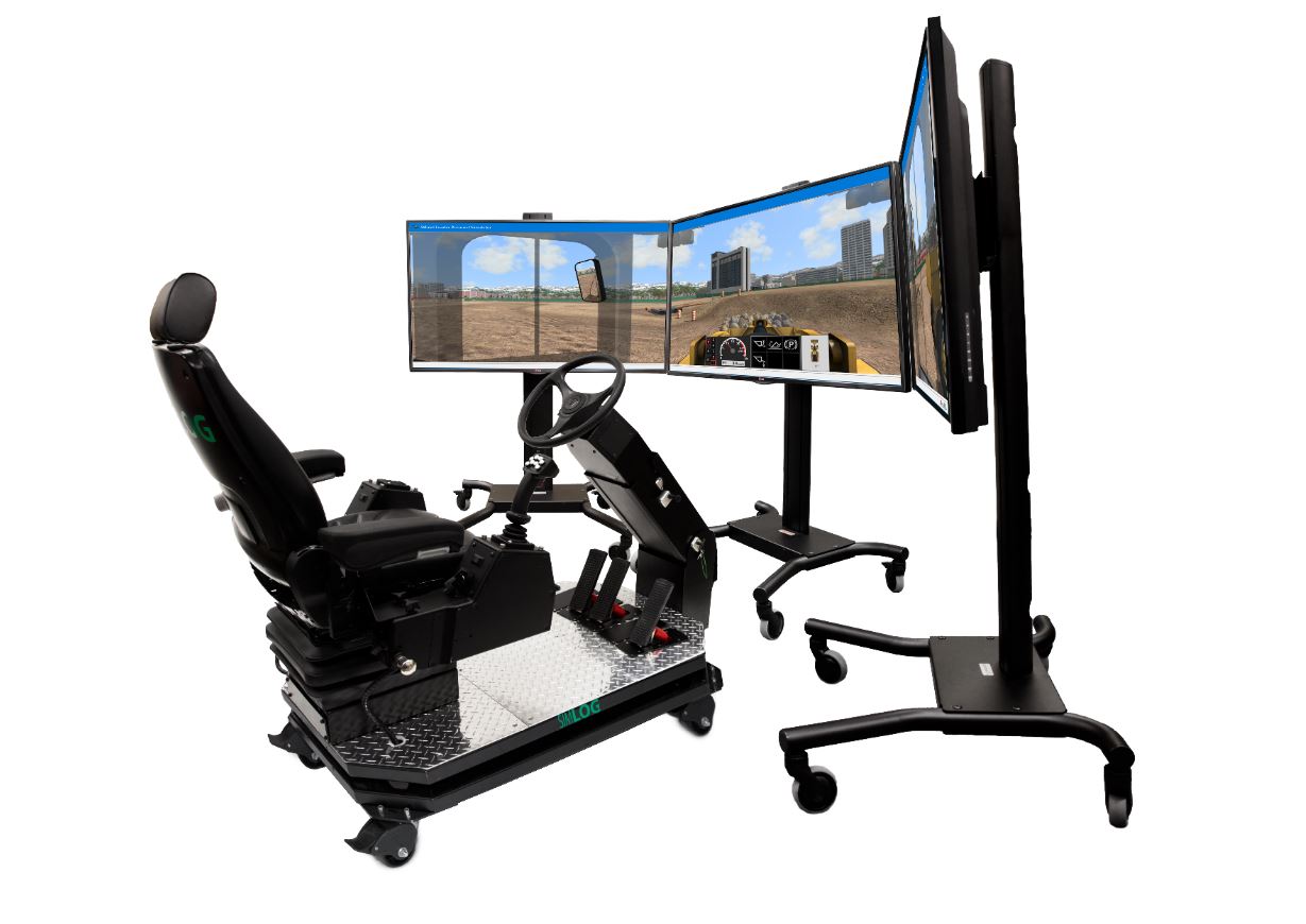 Simlog Operator Chair – 3 Display Setup for Wheel Loader Simulator Operator Chair with panoramic three-display setup for realistic simulation