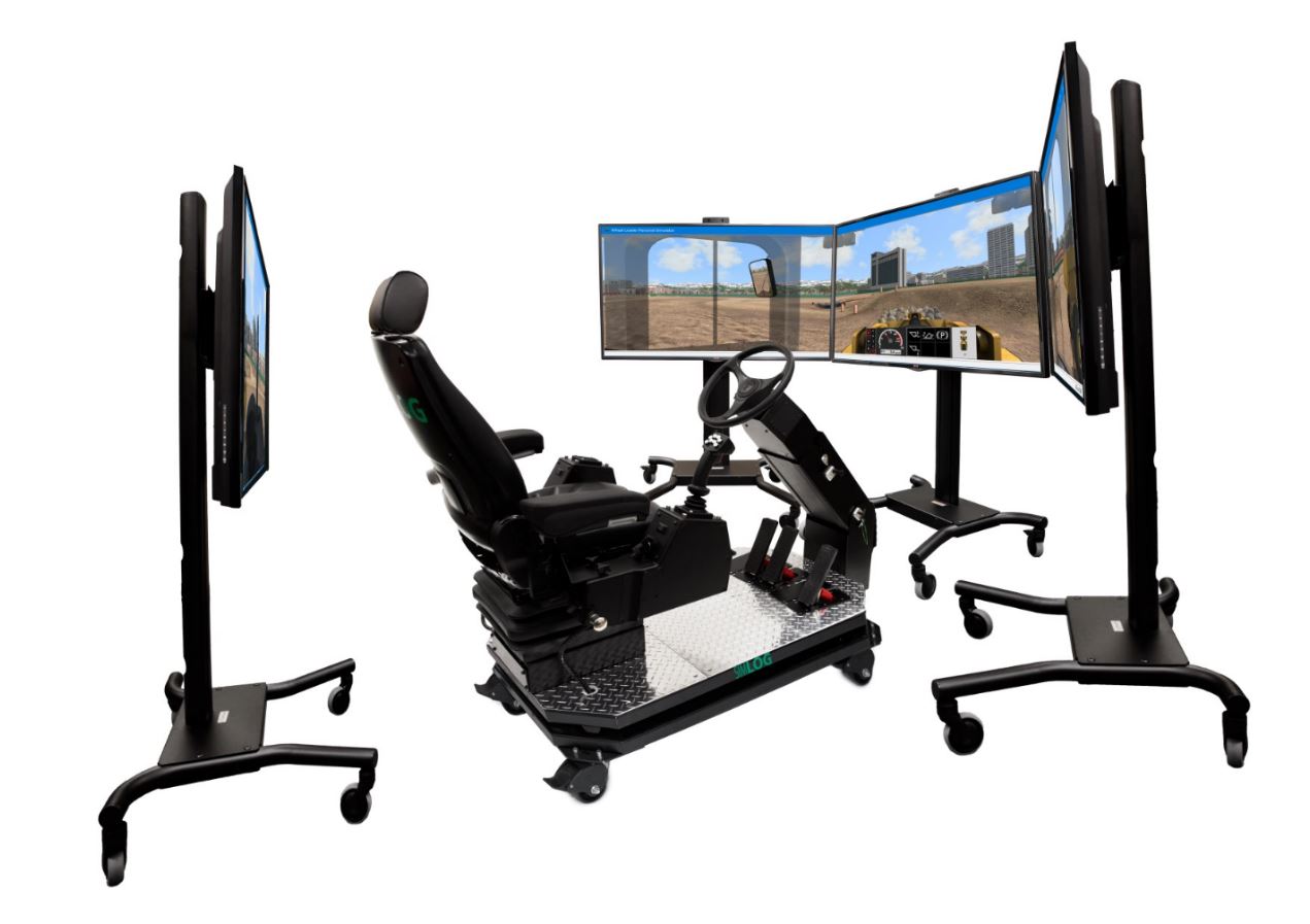 Simlog Operator Chair – 4 Display Setup with Rear View for Wheel Loader Training Operator Chair setup with three front and one rear display for full simulation