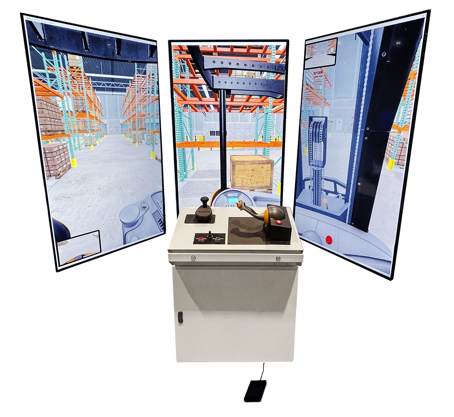 Reach Lift Truck Personal Simulator Industrial Controls - C - with Three Displays in Portrait Mode Simlog Reach Lift Truck Personal Simulator