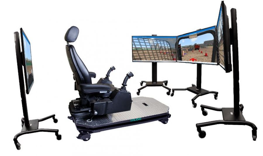 Operator Chair with 4 Displays – Realistic Rear-View Training Simlog Operator Chair setup for Skid Steer Loader simulator with full front and rear-view display system