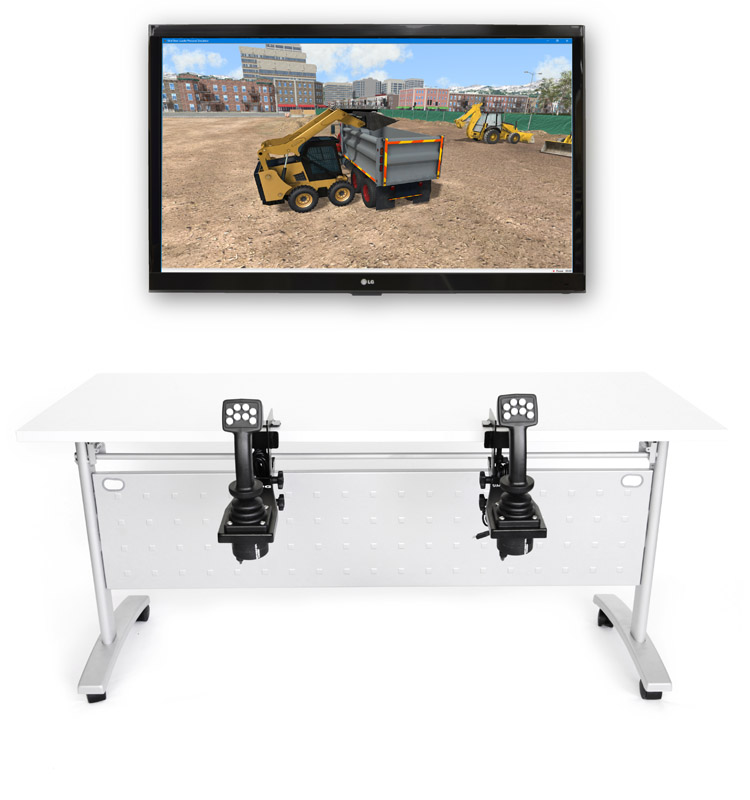 Tabletop Setup with 1 Display – Skid Steer Loader Simulator Simlog Skid Steer Loader simulator using tabletop replica controls with a single front-facing display