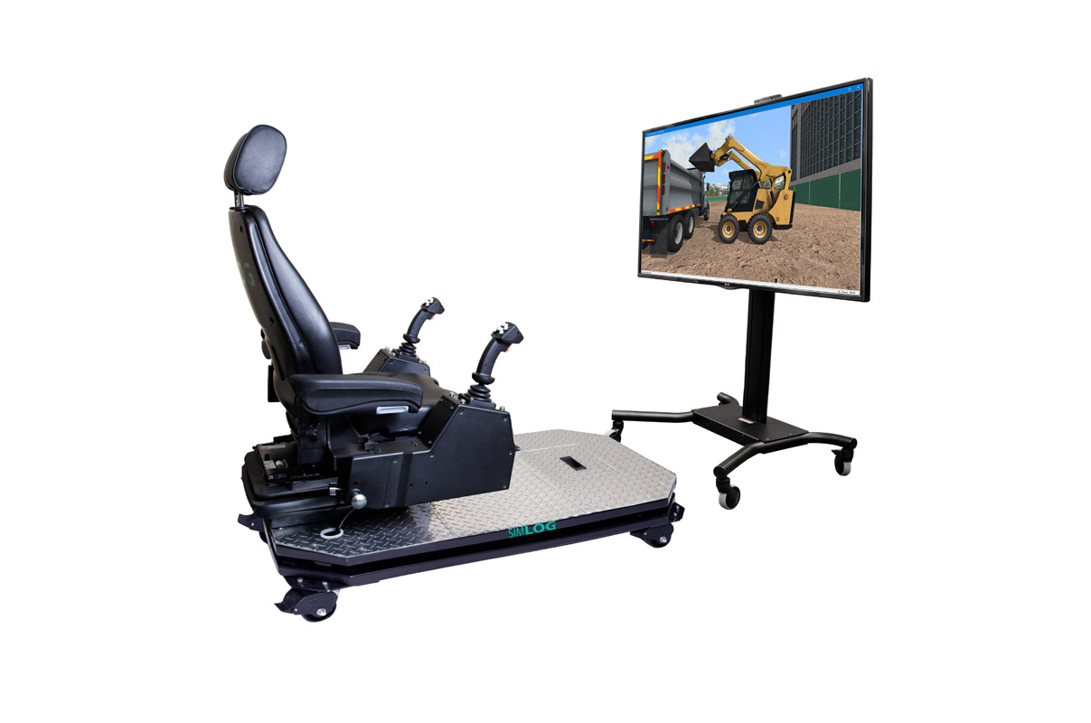 Operator Chair with 1 Display – Skid Steer Loader Simulator Simlog Operator Chair setup for Skid Steer Loader simulator using a single monitor and integrated controls