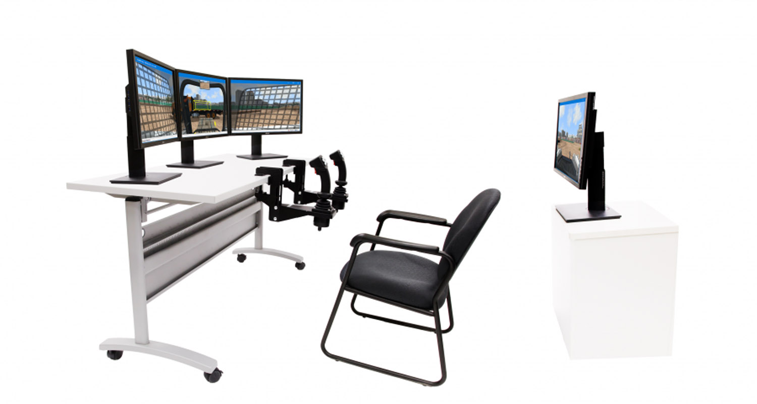 Tabletop Setup with 4 Displays – Includes Rear View Simlog Skid Steer Loader simulator in tabletop configuration with 180-degree front view and rear display for backing practice