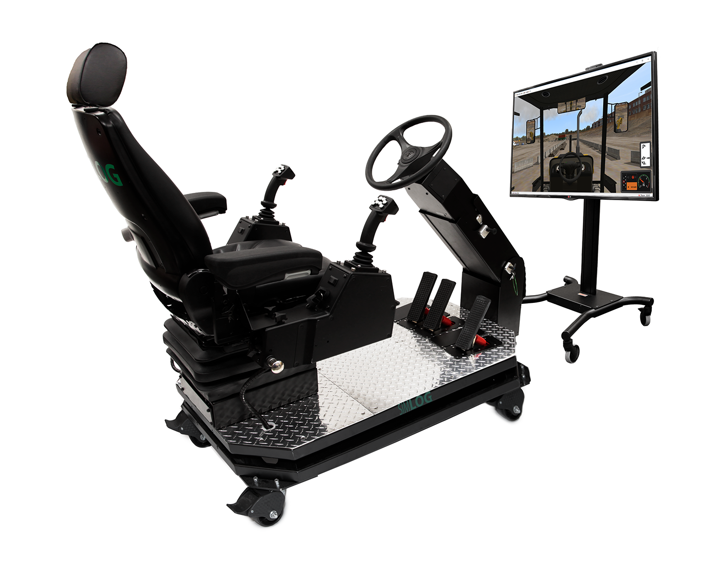 Compact simulator setup with one display for tight training spaces Simlog Backhoe Loader Simulator with single front display