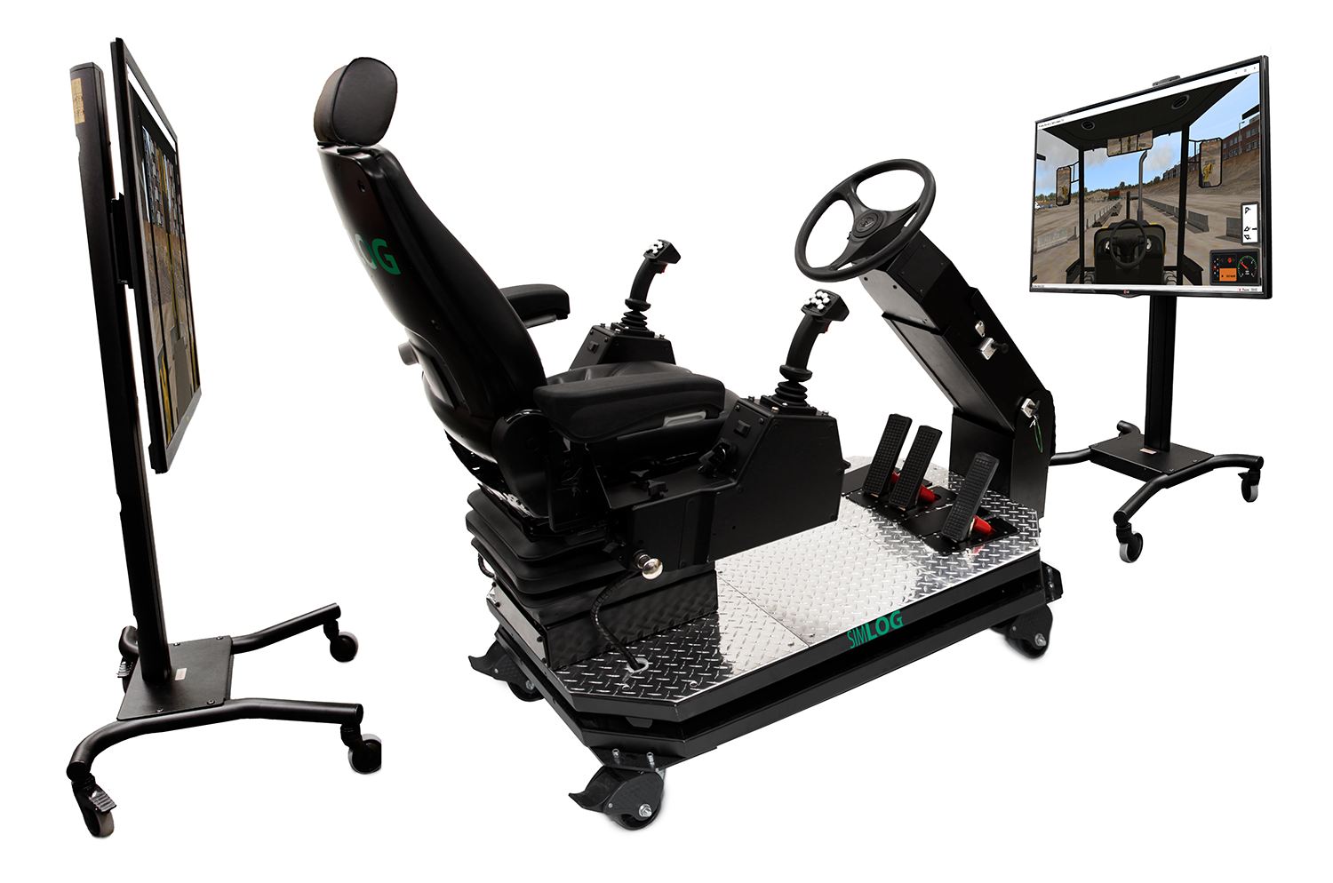 Two-screen setup for added rear-view training realism Backhoe Loader Simulator with front and rear displays