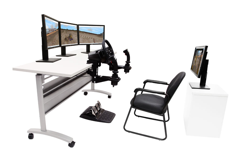 Backhoe Loader Simulator with three front and one rear display Comprehensive simulator configuration with enhanced situational awareness
