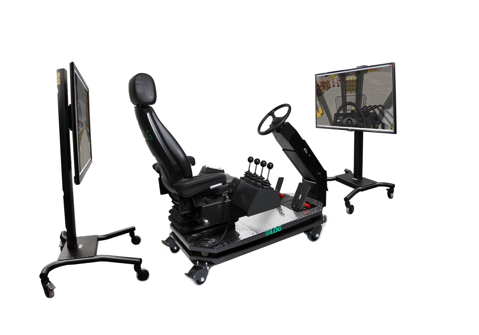 Forklift Personal Simulator - Operator Chair - Front and Rear Displays Simlog forklift simulator used for driver safety training in logistics