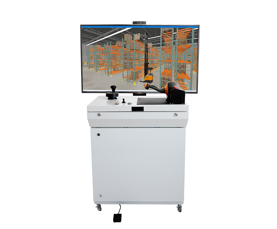 Reach Lift Truck Personal Simulator Industrial Controls - C - with One Display Industrial stand-up console with OEM control handle and steering tiller