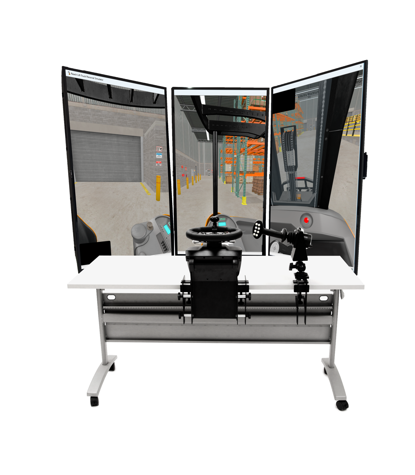 Simlog Reach Lift Truck Personal Simulator Reach Lift Truck Simulator with Triple Monitor Setup