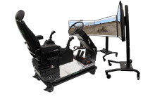 Full operator chair setup for immersive backhoe loader simulation Simlog Operator Chair with mounted joysticks and steering for Backhoe Loader Simulator